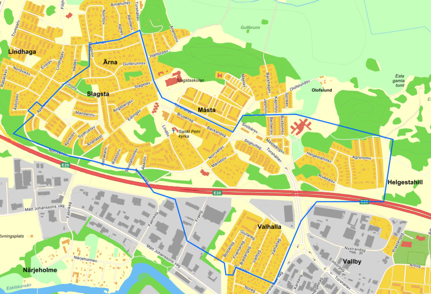Karta över Slagsta, Ärna, Måsta och Valhalla. Öppna bilden i ny flik för högupplöst karta.