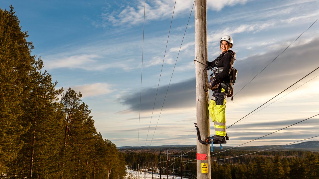 Arbetare på kraftledningsstolpe