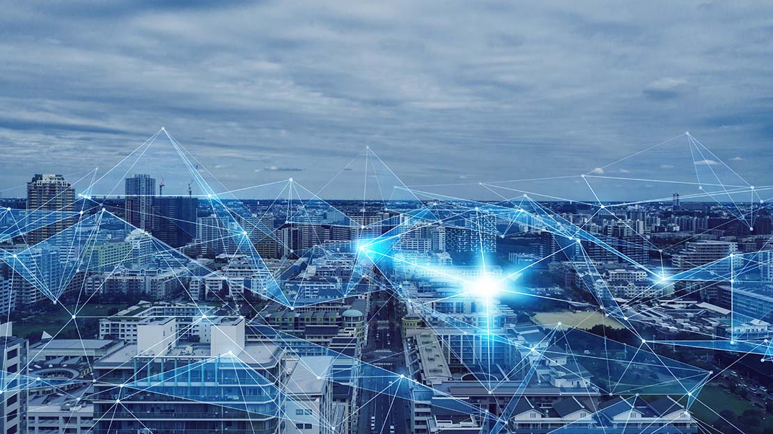 Illustration av smarta sensorer över hustak