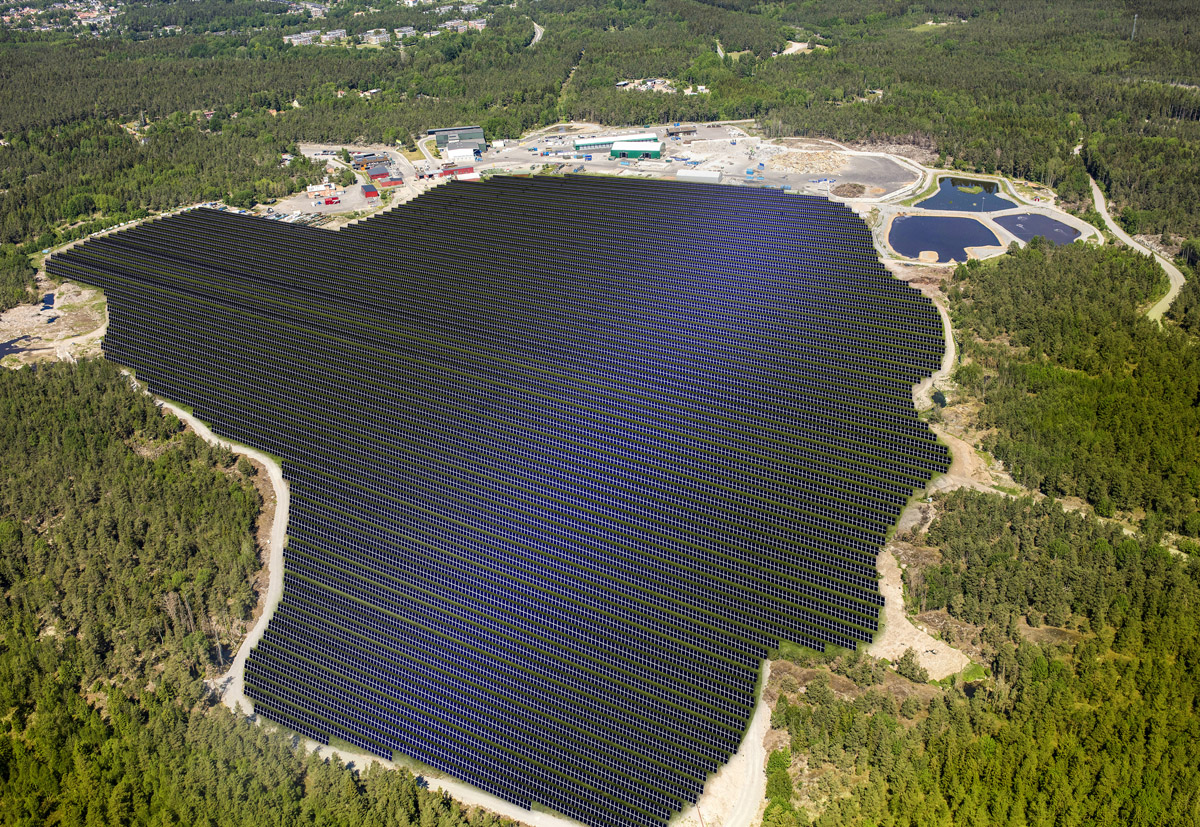 Illustrerat flygfoto över vision av en väldigt stor solelspark
