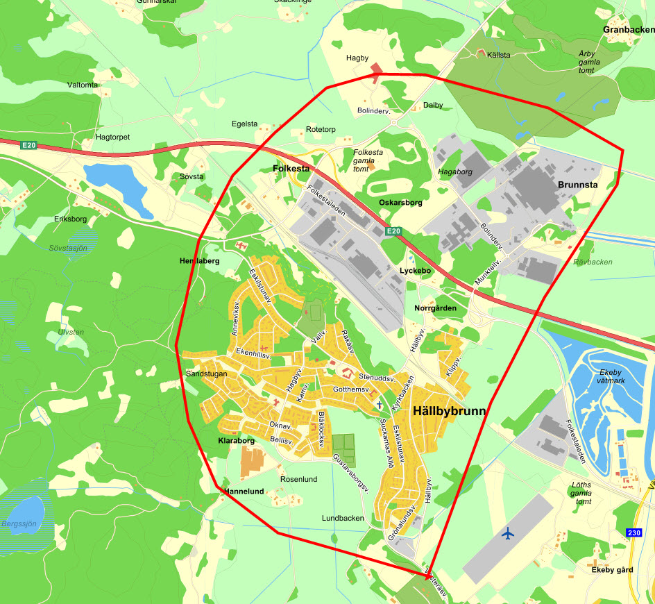 Karta där Hällbybrunn är markerat