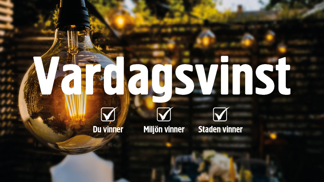Bild på ljusslingor med texten Vardagsvinst - Du vinner, miljön vinner, staden vinner